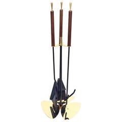 Wrought Iron with Polished Brass and Walnut Fireplace Tools by Paul McCobb