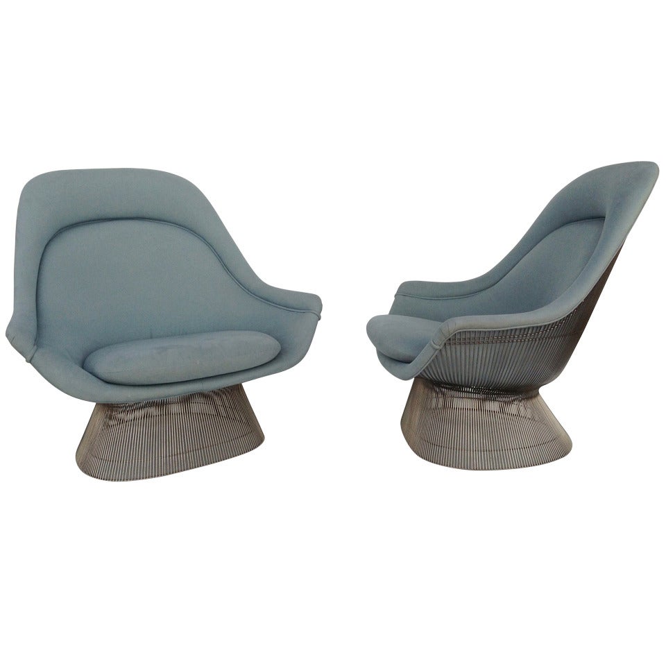 Pair of Blue High-Back Lounge Chairs by Warren Platner