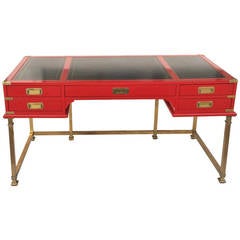Retro Red Lacquered with Brass Campaign Desk