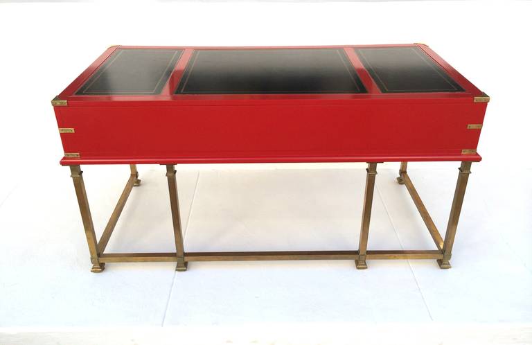 American Red Lacquered with Brass Campaign Desk