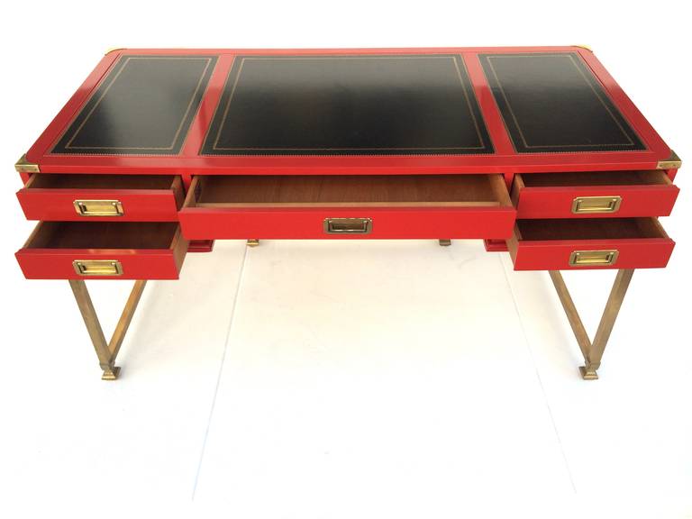 Mid-20th Century Red Lacquered with Brass Campaign Desk
