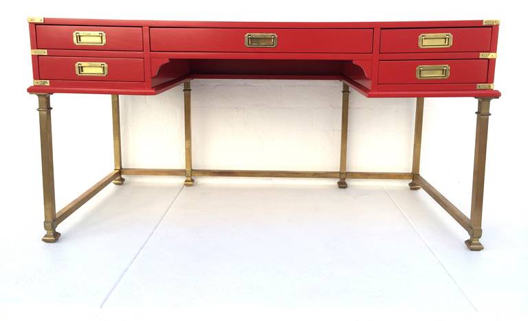 Red Lacquered With Brass Campaign Desk At 1stdibs