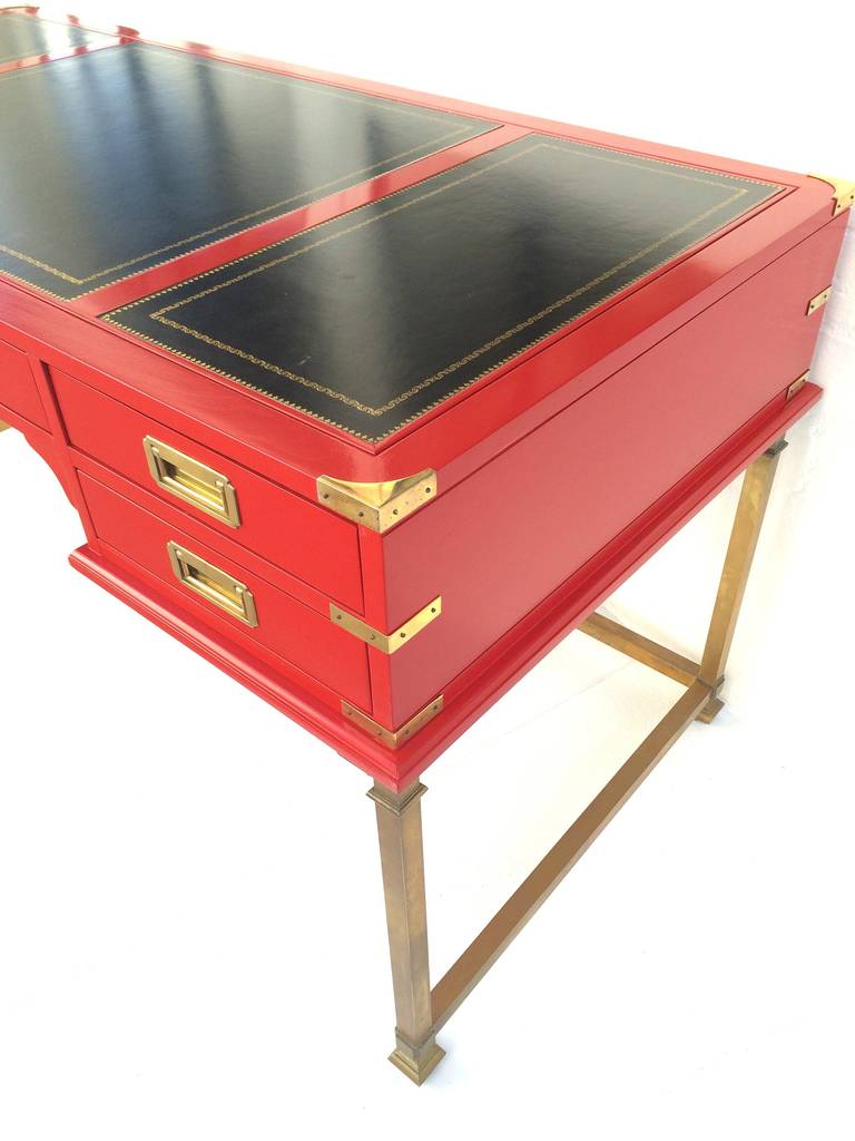 Leather Red Lacquered with Brass Campaign Desk