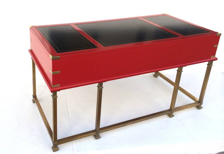 Red Lacquered with Brass Campaign Desk In Excellent Condition In Palm Springs, CA