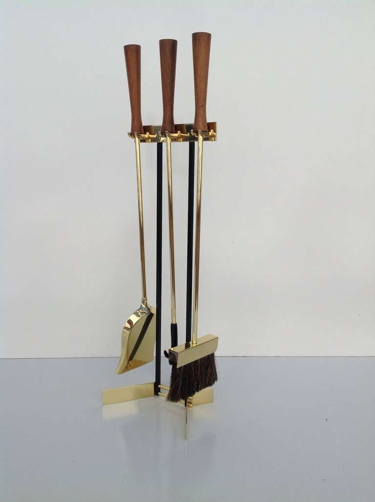 Mid-Century Modern Polished Brass Fireplace Tools from the 1950s