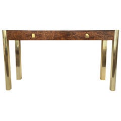 Elegant Burlwood and Brass Console with Drawers