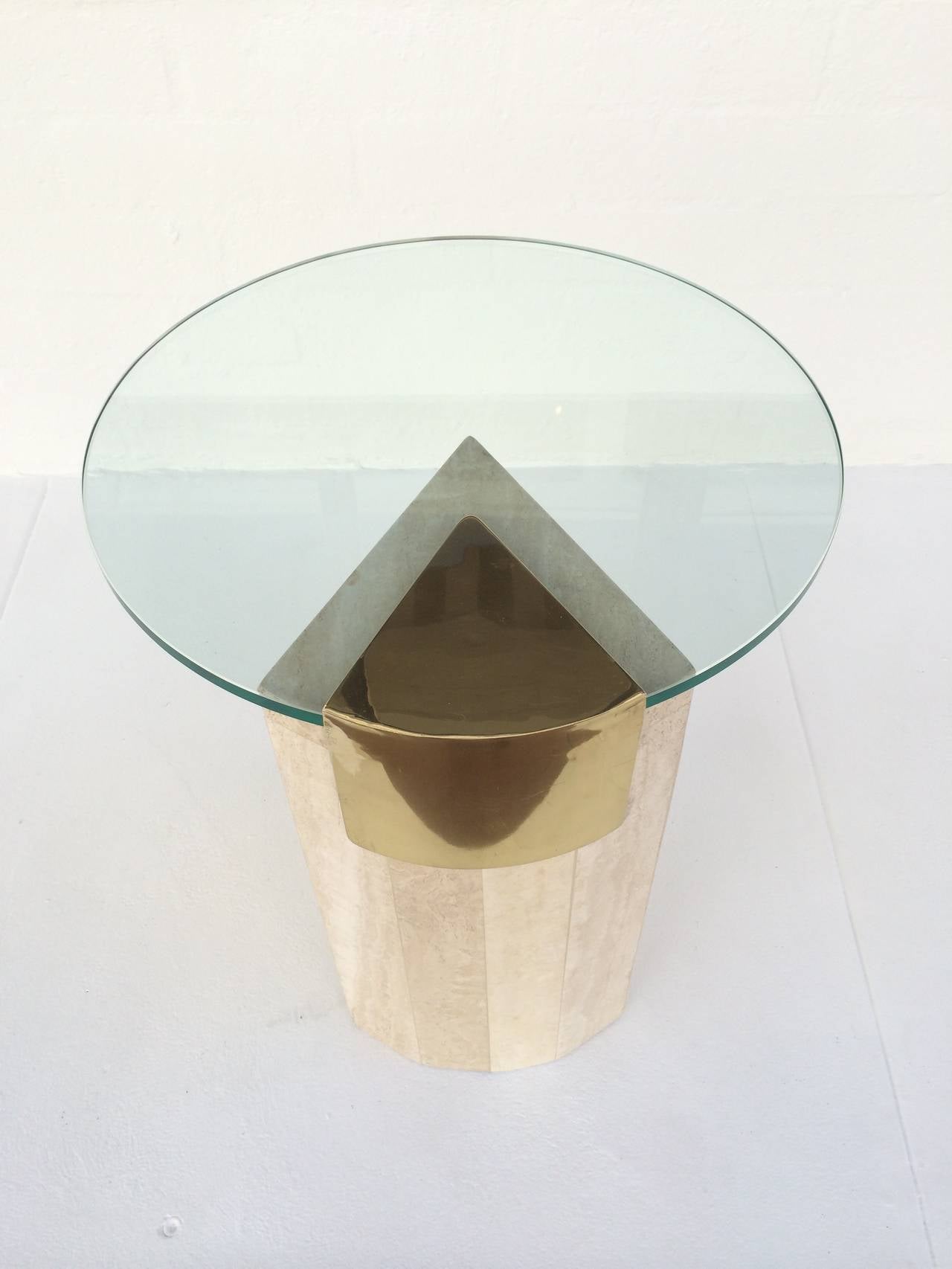 Travertine and Brass with Glass Side Table by Pace Collection. 2