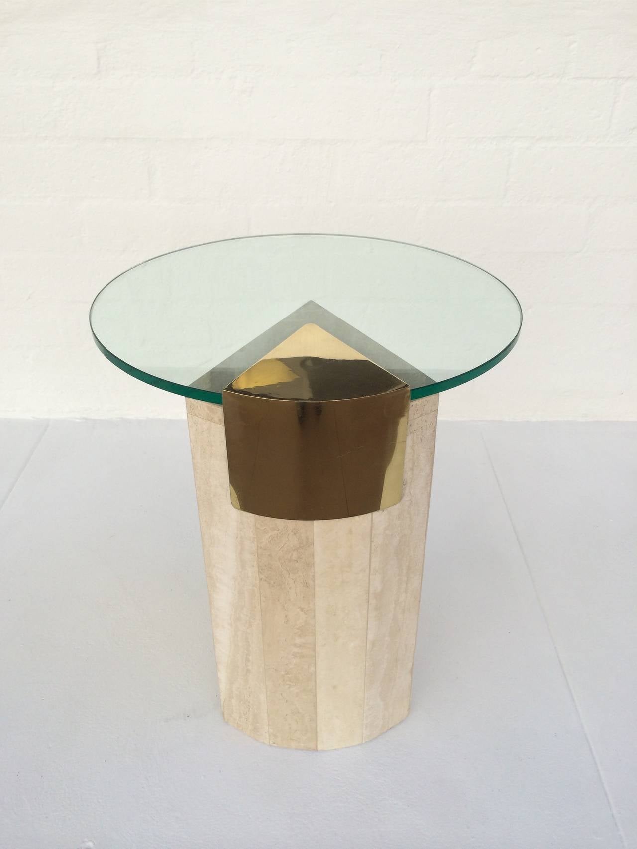 American Travertine and Brass with Glass Side Table by Pace Collection.