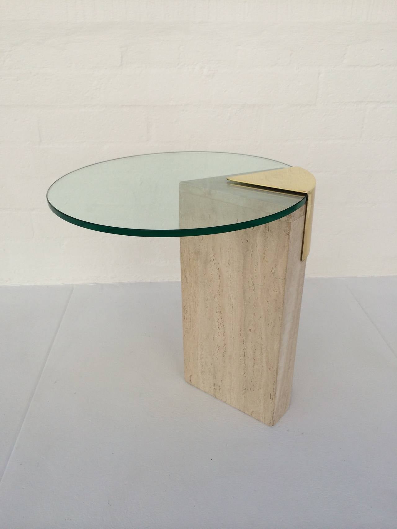 Travertine and Brass with Glass Side Table by Pace Collection. In Excellent Condition In Palm Springs, CA