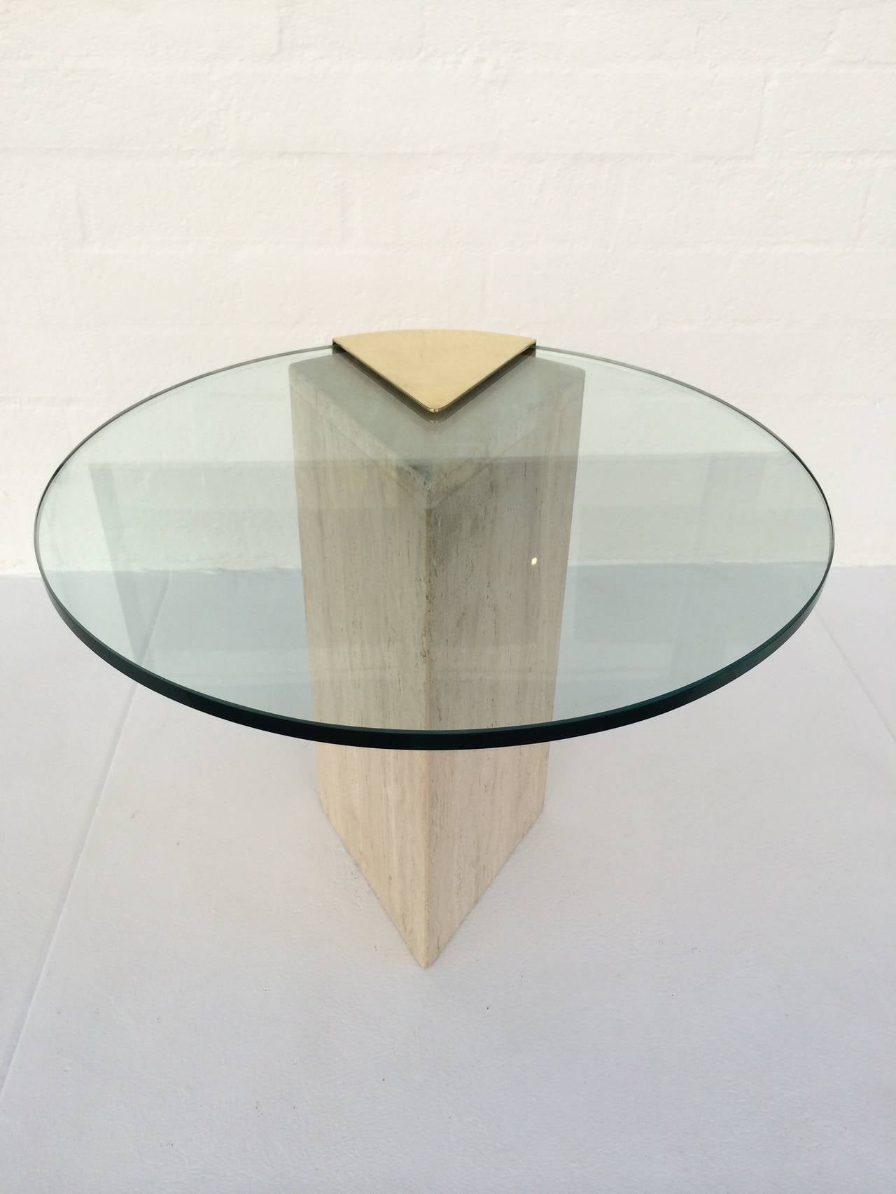 Late 20th Century Travertine and Brass with Glass Side Table by Pace Collection.