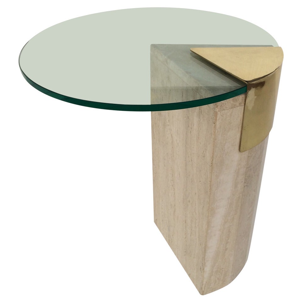 Travertine and Brass with Glass Side Table by Pace Collection.