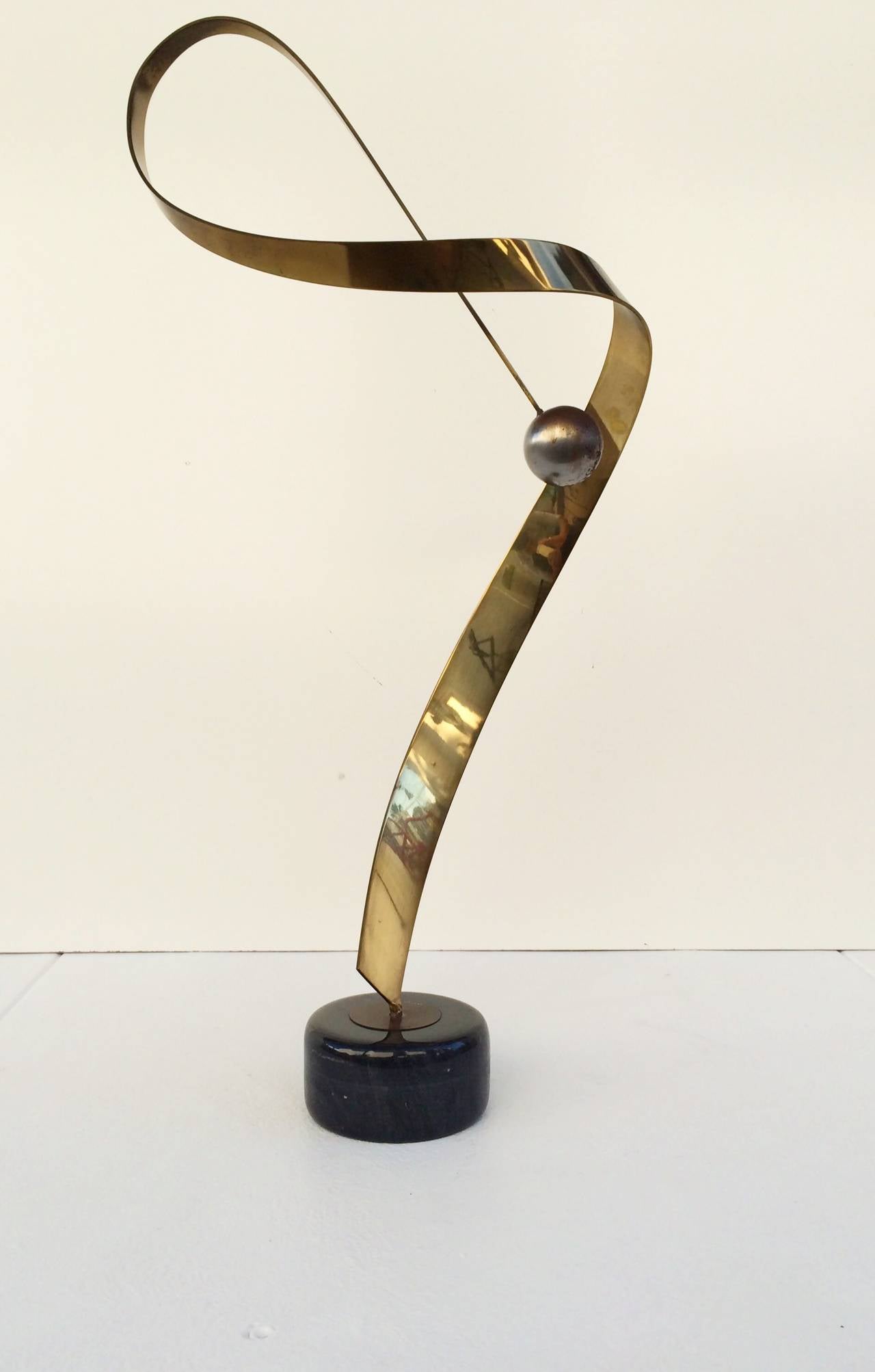 Brass Ribbon and Brushed Steel Ball Sculpture by C. Jere' from 1984