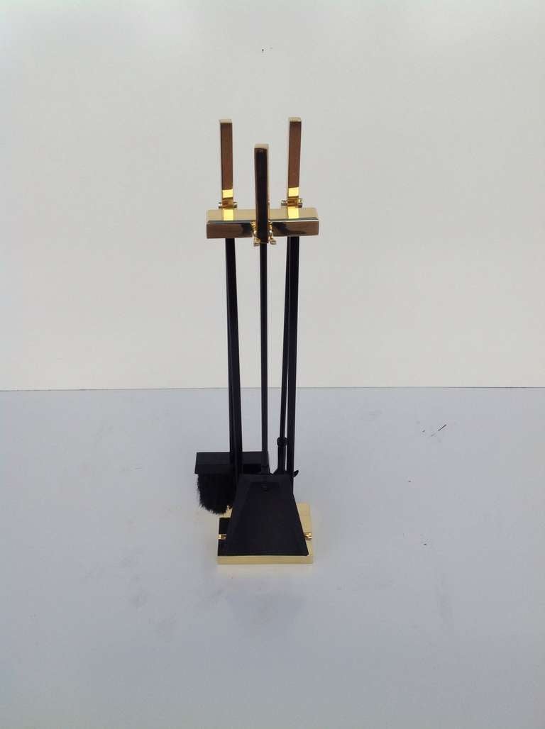 Vintage Polished Brass & Black Powder Coated Fireplace Tools