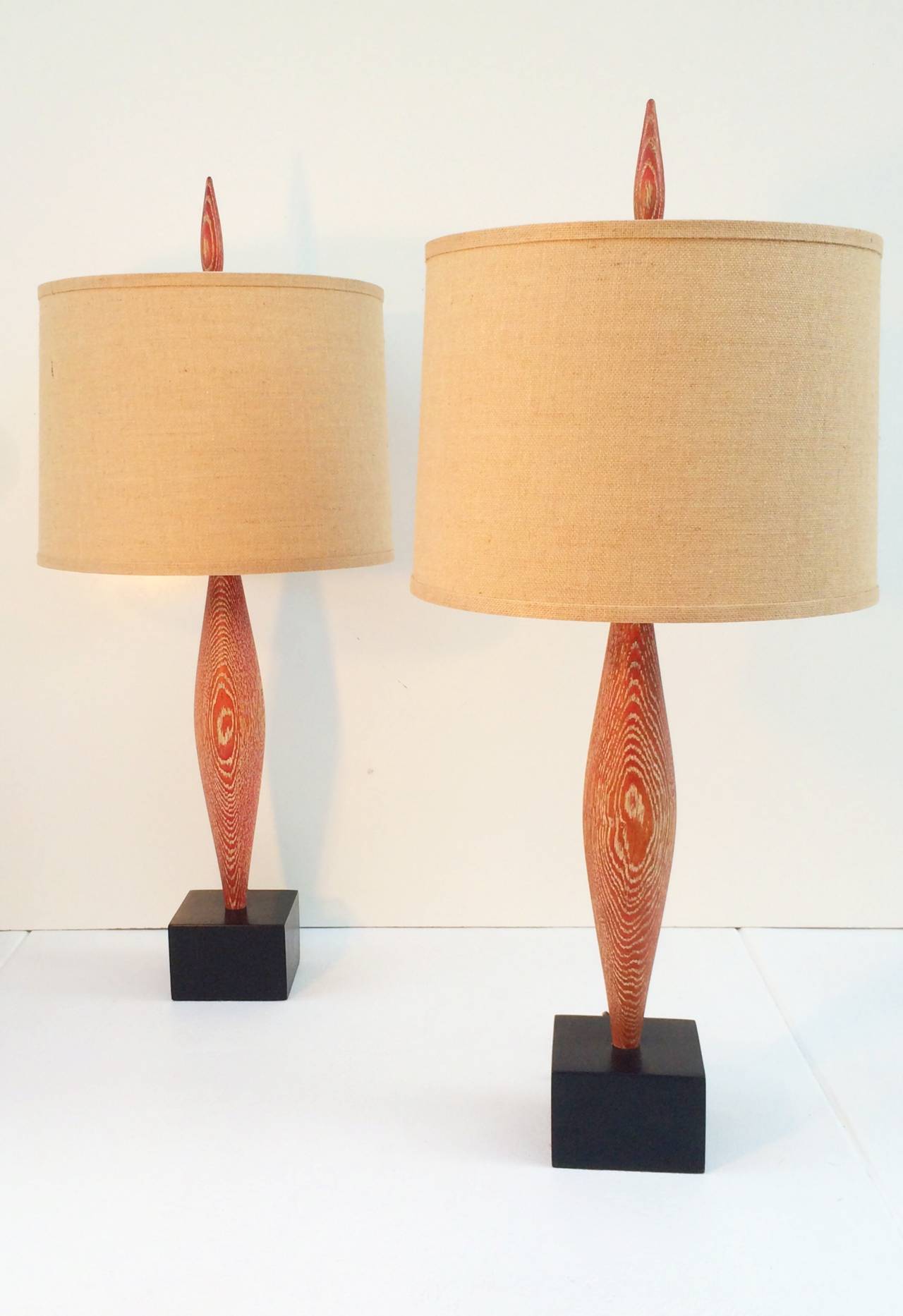 1950s pair of limed oak lamps by Yasha Heifetz. New hardware, burlap shades and newly rewired.

Dimensions with shade: 16