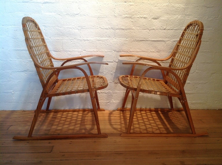 1970s
American

Bent/steamed oak chairs with rawhide snow shoe-inspired back and seat, made by snow shoe manufacturer Snocraft
