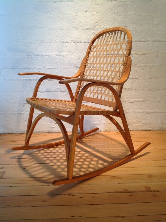 American
1970s
Bent/steamed oak rocker with rawhide snow shoe-inspired back and seat, made by snow shoe manufacturer Snocraft