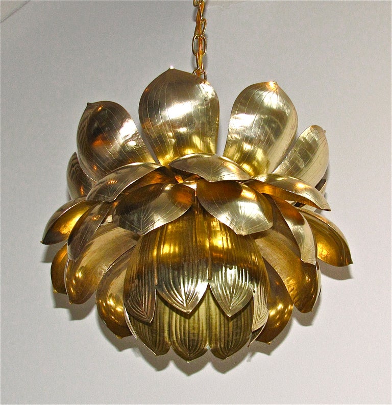 Mid-20th Century Large Rare Brass Lotus Chandelier or Pendant