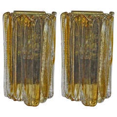 Pair Murano Italian Amber Clear Glass Sconces Pair Murano Italian Amber Clear Glass Sconces