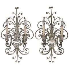 Vintage Pair French Bagues Style Urn Silver Gilt Sconces