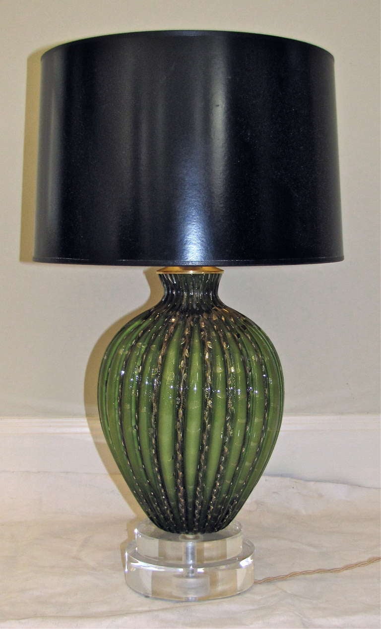Murano Italian Deep Green Gold Ribbed Table Lamp