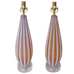 Pair Murano Italian Opalescent Ribbed Glass Table Lamps by Toso