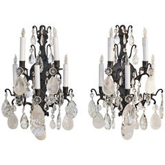 Pair French Louis XV Rock Crystal And Bronze Sconces