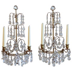 Antique Pair of Swedish Gustavian Style, Crystal and Bronze Candle Wall Sconces