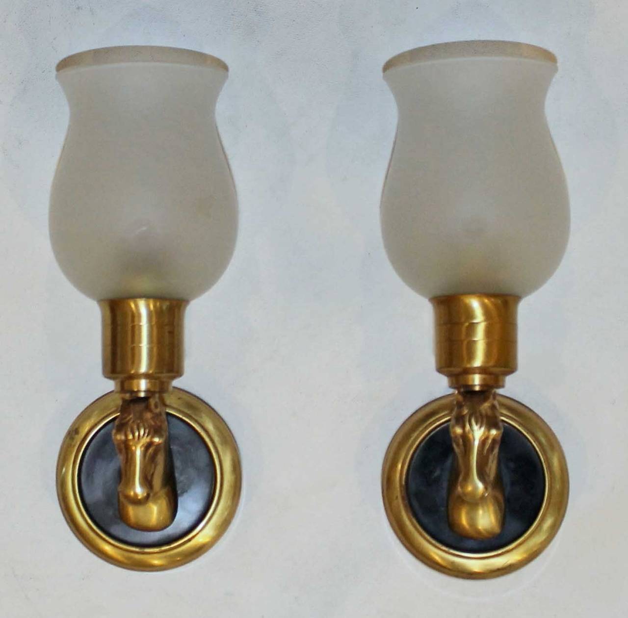Mid-20th Century Pair French Brass Horse Equestrian Wall Sconces
