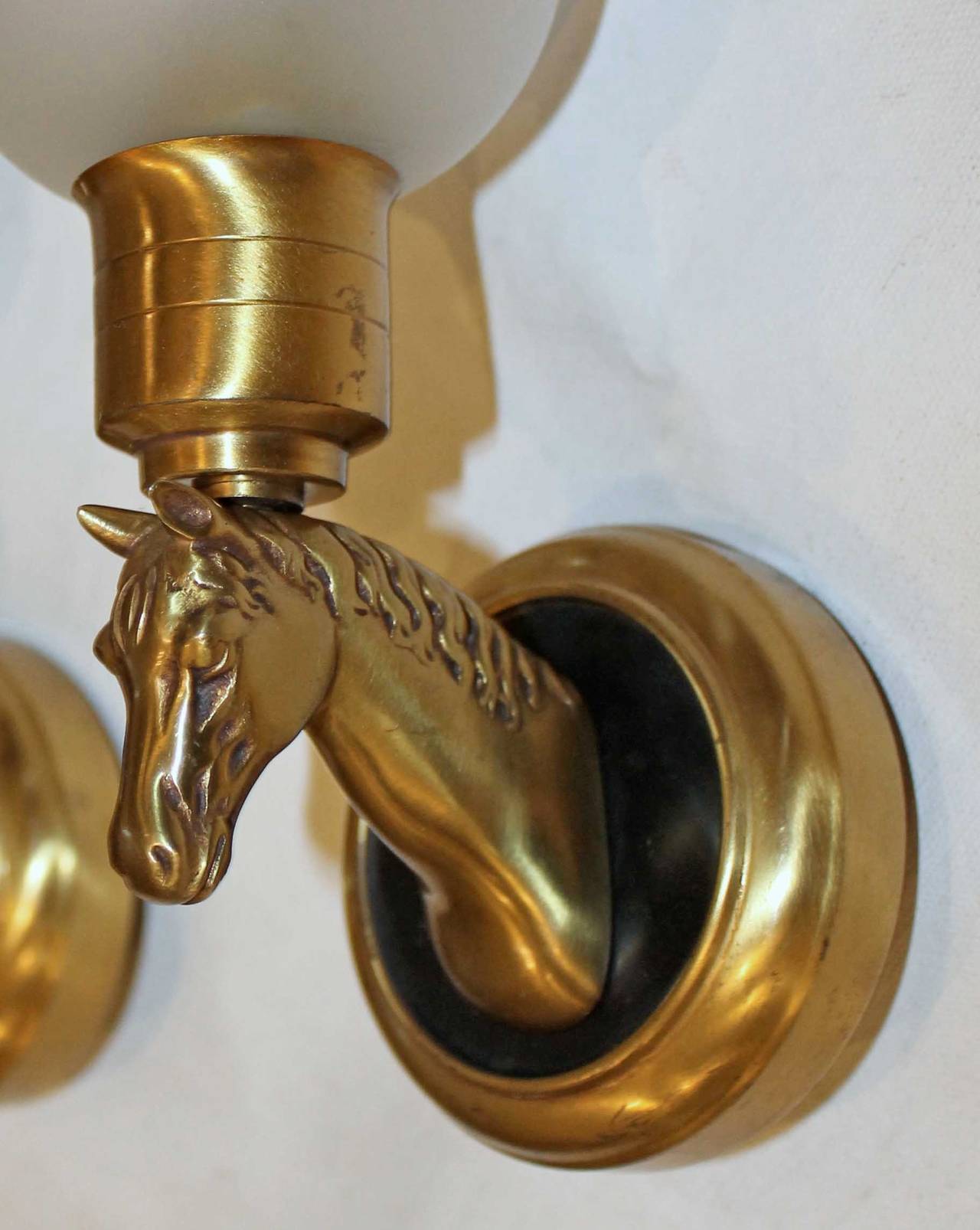 Pair French Brass Horse Equestrian Wall Sconces In Excellent Condition In Palm Springs, CA