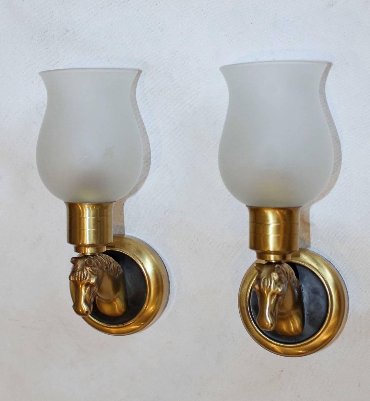 Pair French Brass Horse Equestrian Wall Sconces 2