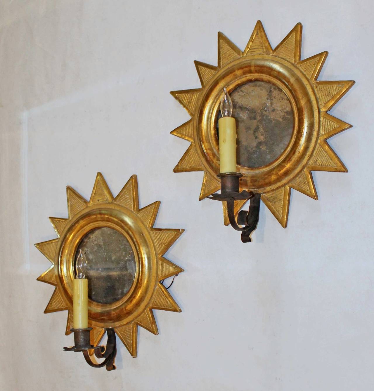 Pair of Directoire Giltwood Sunburst Soliel Mirror Wall Sconces In Excellent Condition In Palm Springs, CA