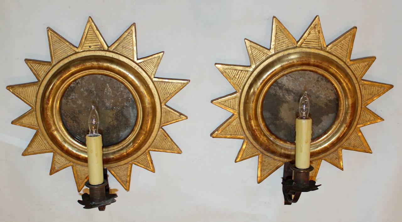 Metal Pair of Directoire Giltwood Sunburst Soliel Mirror Wall Sconces