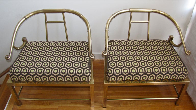 Pair of brass Asian Empress Style inspired curved armchairs produced in Italy for Mastercraft furniture of Grand Rapids.