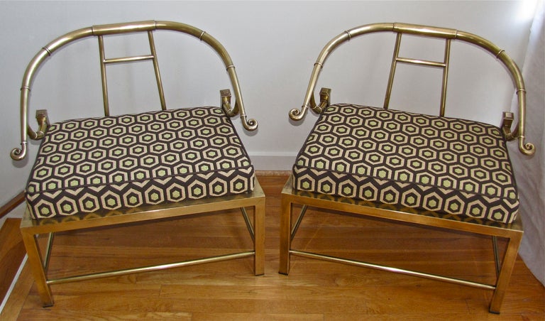 Italian Pair of Brass Asian Empress Style Armchairs by Mastercraft