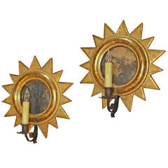Antique Pair of Directoire Giltwood Sunburst Soliel Mirror Wall Sconces