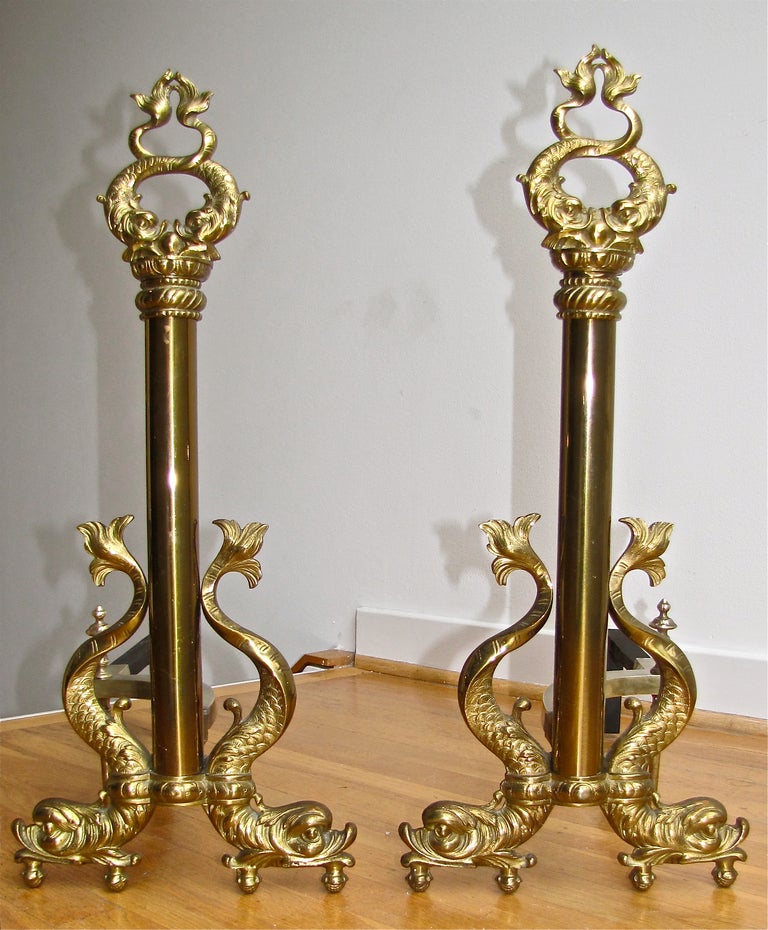 Pair Tall Brass Dolphin Andirons