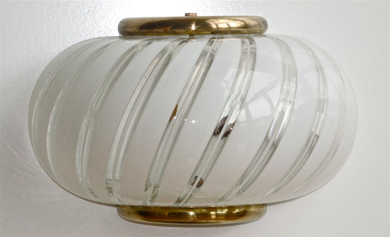 Pair Murano Italian White Stripe Glass Wall Light Sconces In Excellent Condition In Palm Springs, CA