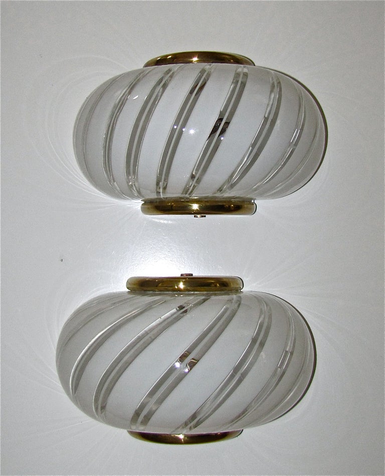 Pair Murano Italian White Stripe Glass Wall Light Sconces 4