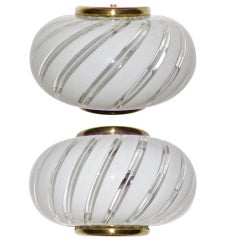 Pair Murano Italian White Stripe Glass Wall Light Sconces