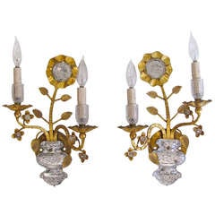Pair Gilt Floral & Urn Crystal Wall Sconces Style Bagues