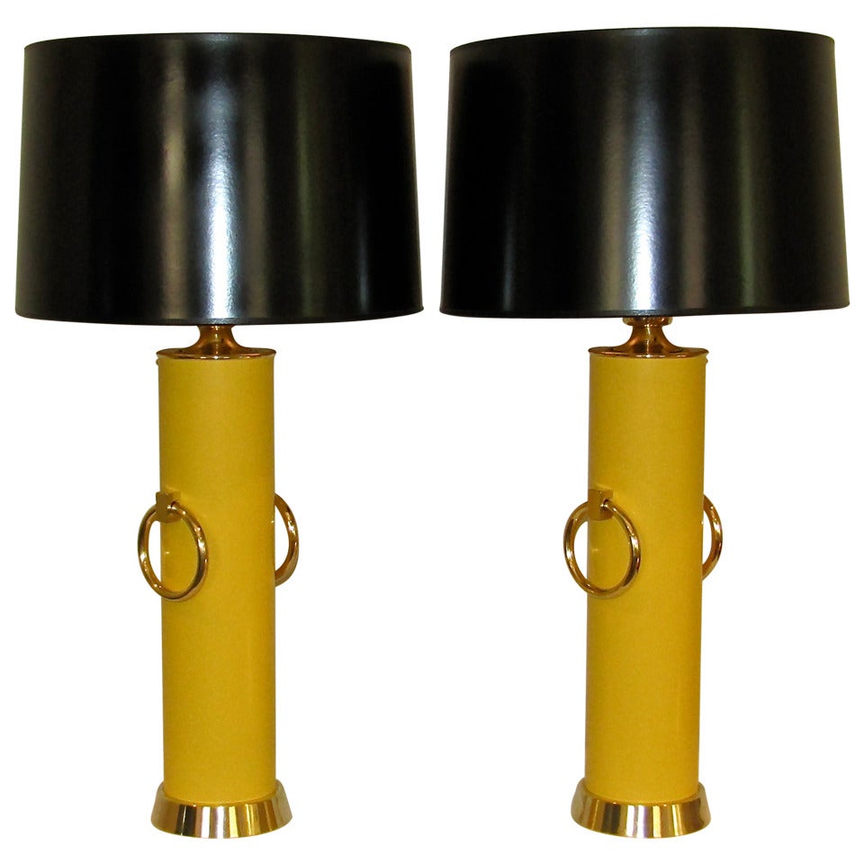 Pair Lightolier Tommi Parzinger Marigold Yellow Brass Ring Table Lamps.