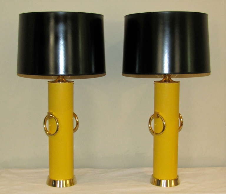 Pair Lightolier Tommi Parzinger Marigold Yellow Brass Ring Table Lamps.