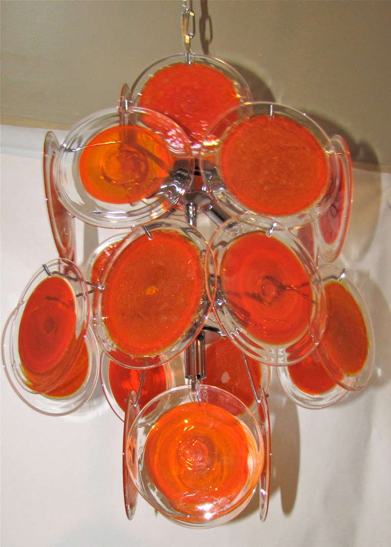 Vistosi Orange Disc Italian Chrome Chandelier In Excellent Condition In Palm Springs, CA