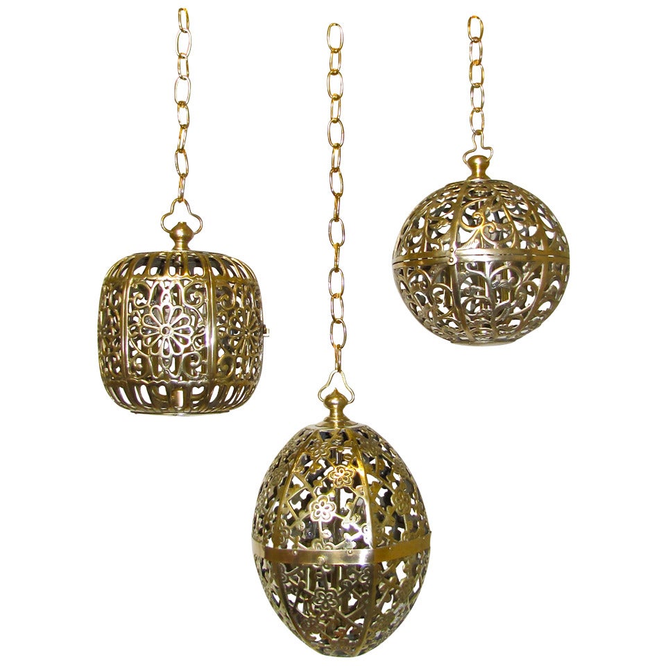 Trio Mixed Pierced Brass Asian Ceiling Pendants