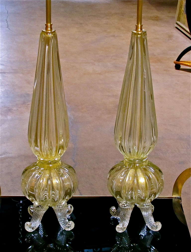 Pair Exquisite Barovier & Toso Gold Footed Murano Lamps 3