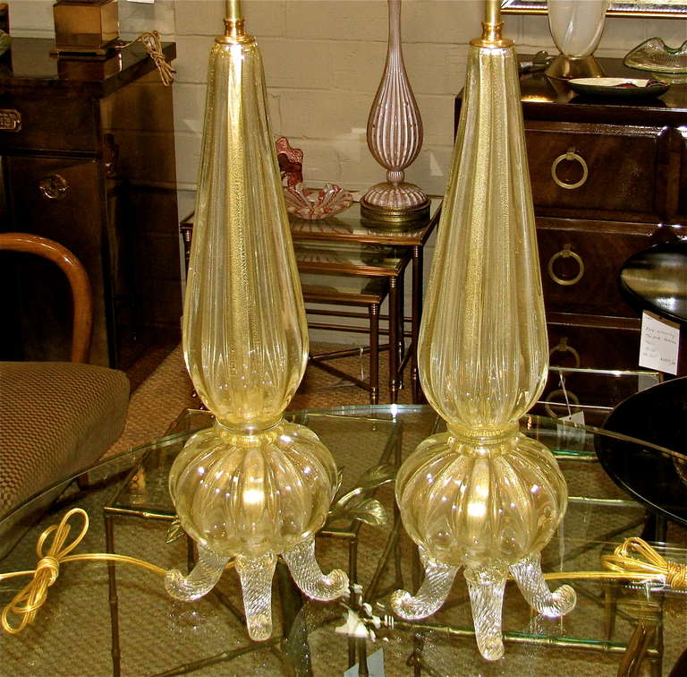 Italian Pair Exquisite Barovier & Toso Gold Footed Murano Lamps