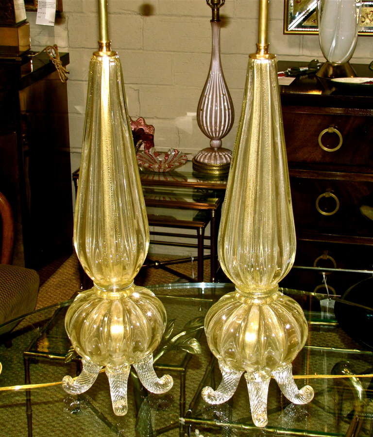Pair Exquisite Barovier & Toso Gold Footed Murano Lamps 2
