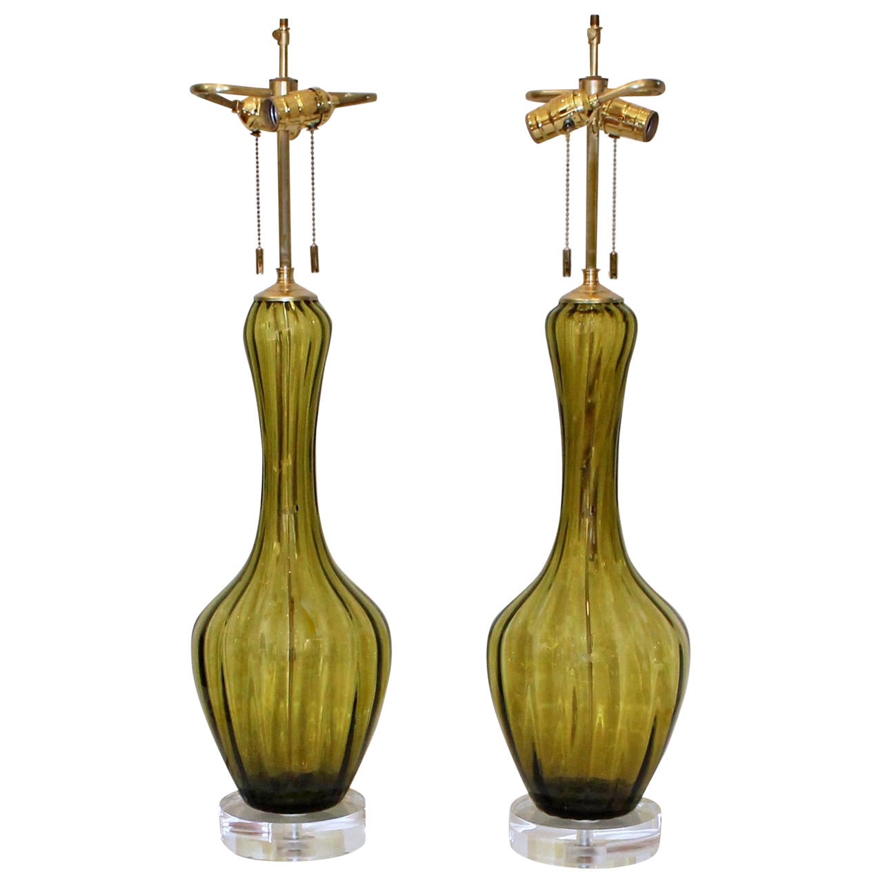 Pair of Absinthe Green Colored Italian Glass Lamps For Sale