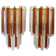 Pair of Venini Style Triedi Wall Sconces in Sienna and Clear Glass