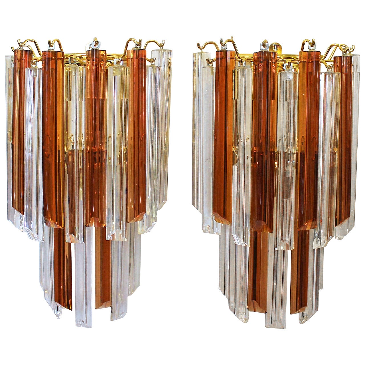 Pair of Venini Style Triedi Wall Sconces in Sienna and Clear Glass